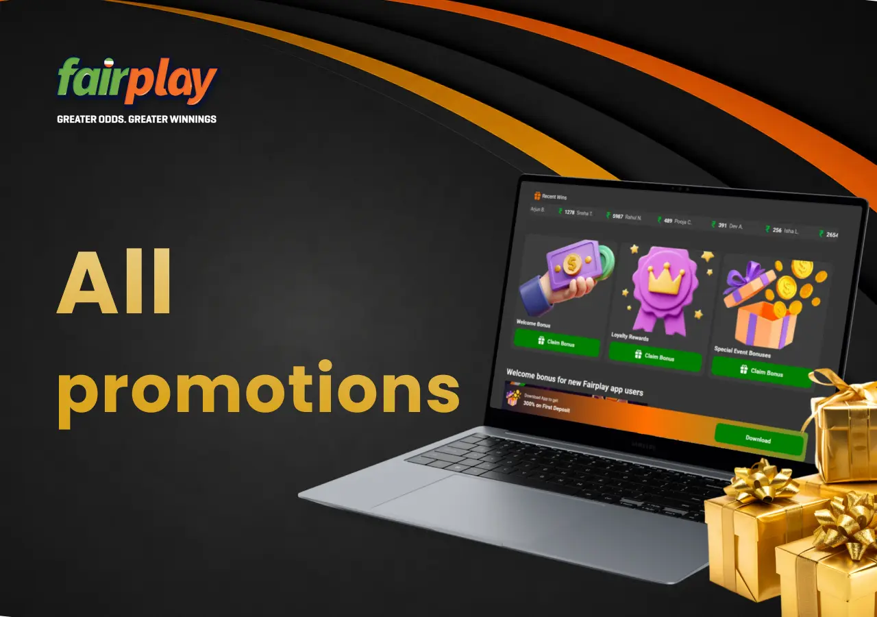 Laptop displaying all available bonuses and promotions with gift boxes nearby.