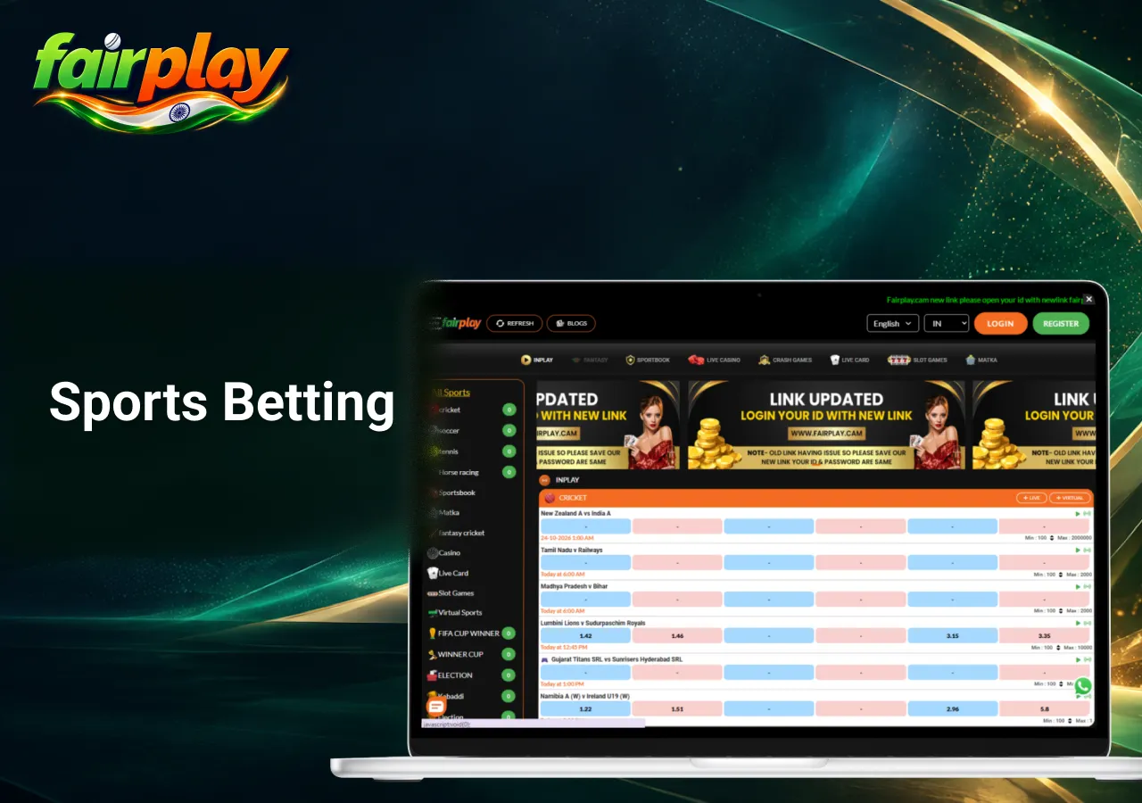 sports betting interface on a laptop featuring cricket matches, live betting markets and odds.